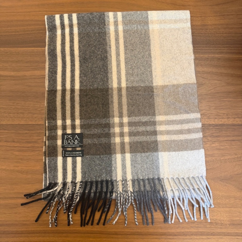 Jos A Bank 100% Cashmere Scarf Grey Taupe Plaid Fringe Winter Wrap Accessory - Picture 2 of 2
